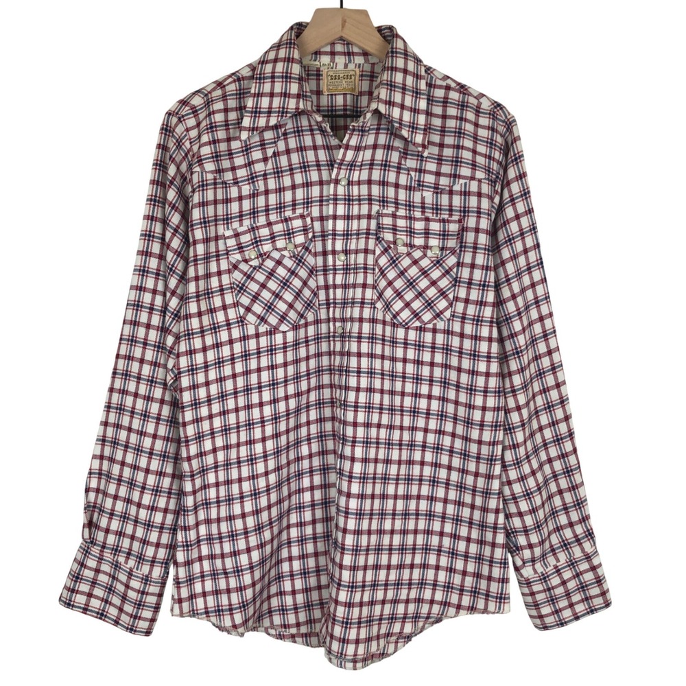 VTG DEE CEE Western Wear Pearl Snap Shirt Men's 15.5x35 Red White Blue Plaid USA